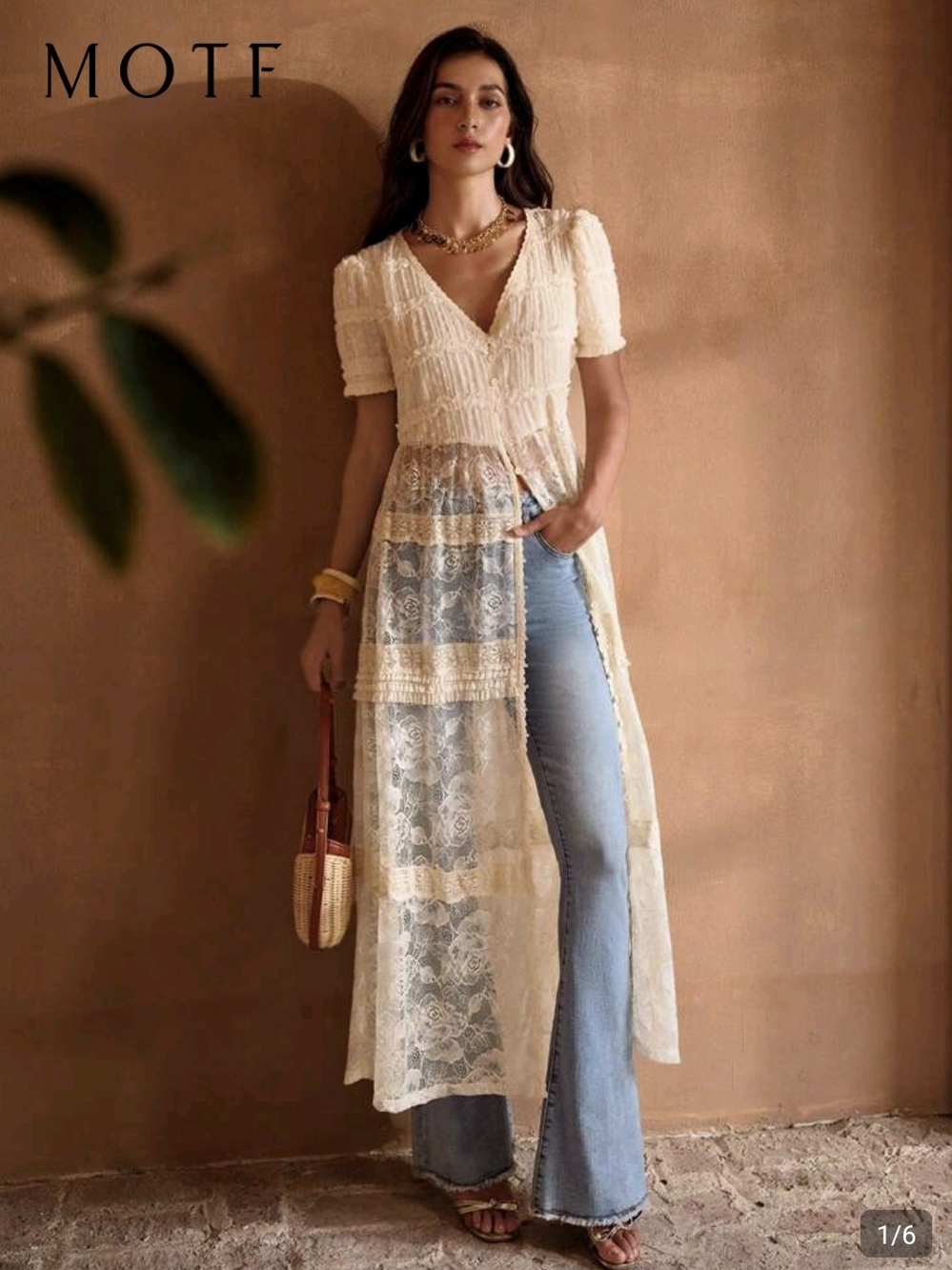 MOTF Ivory Lace Maxi Dress with Dot-Chiffon Bodice